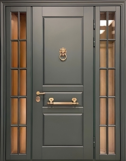 Металлическая входная группа с терморазрывом, боковыми остекленными вставками и кнокером (МДФ RAL серый) Металлическая входная группа с терморазрывом, боковыми остекленными вставками и кнокером (МДФ RAL серый)