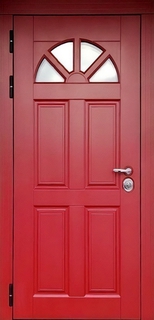 Красная металлическая термодверь МДФ RAL с полукруглым окном