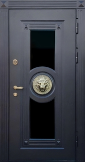 Остекленная термодверь с декором «лев» и темными панелями МДФ Остекленная термодверь с декором «лев» и темными панелями МДФ