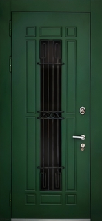 Остекленная термодверь с ковкой и с панелями МДФ RAL зеленого цвета
