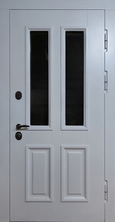 Стальная термодверь с белыми панелями МДФ RAL и двумя узкими стеклопакетами